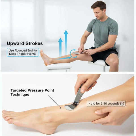 Man using Stainless Steel Gua Sha Muscle Scraper Tool For Deep Tissue Release And Fascia Work on leg, focused on pressure point technique.