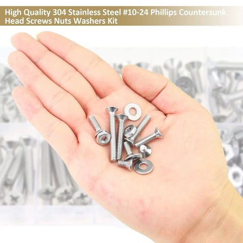Badass 142 Piece Stainless Steel Screw Assortment Kit With Phillips Countersunk Head Machine Screws Matching Hex Nuts And Flat Washers Built Tough For Any Garage Upgrade On A Dime Today, shown in hand.