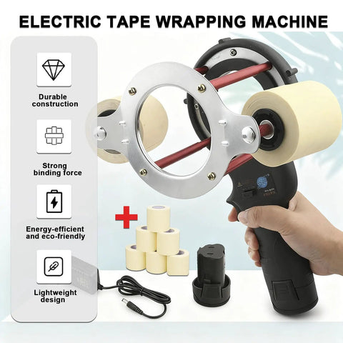 Top Rated Automatic Tube Wrapping Machine For Air Conditioning Ducts And Copper Piping, showcasing a handheld electric tape wrapping tool with rolls.