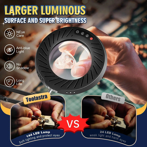 144 LED and 24 LED magnifying lamp comparison showing brightness and clarity for crafts and reading with 12X magnifying glass
