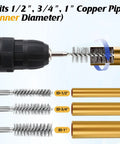 Copper Pipe Cleaner Drill Set With Pro Grade Durable Aluminum Housing, showing wire brushes for 1/2, 3/4, 1 inch pipes