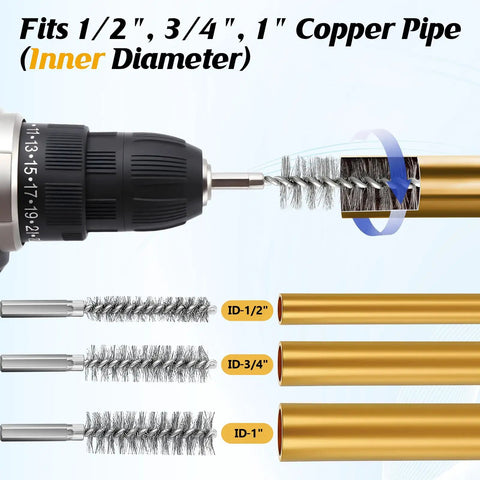 Copper Pipe Cleaner Drill Set With Pro Grade Durable Aluminum Housing, showing wire brushes for 1/2, 3/4, 1 inch pipes