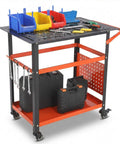 36 Inch By 24 Inch Heavy Duty Steel Welding Table Workbench With 600 Lb Capacity Portable Shop Bench On Wheels 161 Fixture Holes And 11 Hooks Double Shelf For Garage Workshop And Fabrication showing organized tools and cases