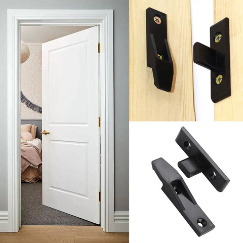 Toss Out Those Ugly Screws With These Heavy Duty Concealed Panel Fasteners And Removable Furniture Fittings For Kitchens Cabinets And Wall Cladding Projects That Demand A Rock Solid Snap Lock. Black fasteners mounted on wood beside a white door.