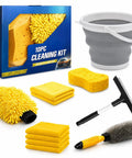 10 Piece Car Wash Detailing Kit With Collapsible Bucket Wash Mitt Sponge Towels Wheel Brush Window Squeegee Chenille Microfiber Mitt
