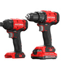 High Octane V20 Cordless Drill And Impact Driver Combo Kit Including Two Ah Battery Charger With 1700 Rpm Motor 1/2 Inch Chuck Led Work Light For Serious Weekend Warrior Shop Projects in red and black design.