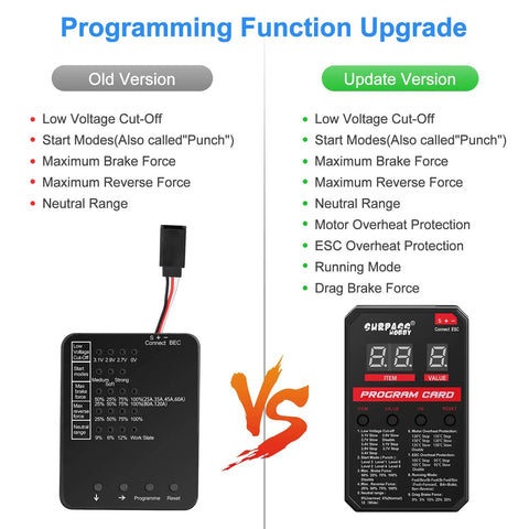 Comparison of old and new LED RC ESC Programmer Card for Brushless ESCs 25A-150A, features and interface, update version