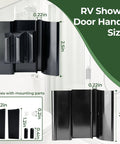 Sizes of Smooth Glide RV Tri Slide Shower Door Handle Kit And Frameless Glass Replacement Hardware with mounting parts.