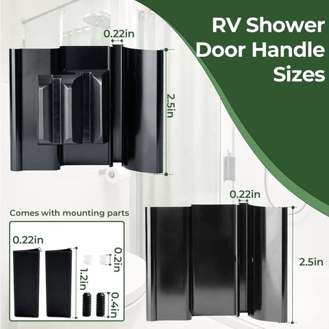 Sizes of Smooth Glide RV Tri Slide Shower Door Handle Kit And Frameless Glass Replacement Hardware with mounting parts.