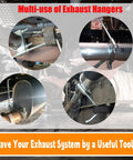 Beefy Heavy Duty Stainless Steel Exhaust Clamp With Hanger Rod For Two And A Half Inch Exhaust Pipes Seven Inch Hanger Rod Five And A Half Inch Thread M10 Thick Rod Durable Automotive Exhaust System Mounting Clamp on vehicle exhaust system showing various installation angles and uses.