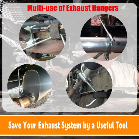 Beefy Heavy Duty Stainless Steel Exhaust Clamp With Hanger Rod For Two And A Half Inch Exhaust Pipes Seven Inch Hanger Rod Five And A Half Inch Thread M10 Thick Rod Durable Automotive Exhaust System Mounting Clamp on vehicle exhaust system showing various installation angles and uses.