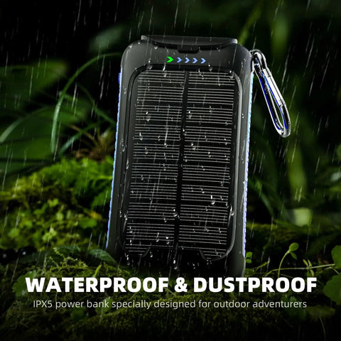 Go-To Ultra Portable 49800mAh Solar Charger Power Bank with Type C and Dual USB Ports, waterproof design in rain.