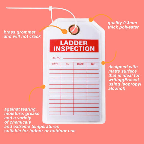 Built Tough Ladder Safety Inspection Tags Double Sided Accident Prevention Record Kit With Sturdy Brass Grommet Write On Matte Polyester Pouch Pack Of Fifty For Crews