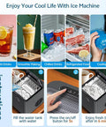 Instructions for Quick Bullet Ice Maker For Countertop No Fuss Cleanup Makes Fresh Cubes In Six Minutes with drinks and ice.