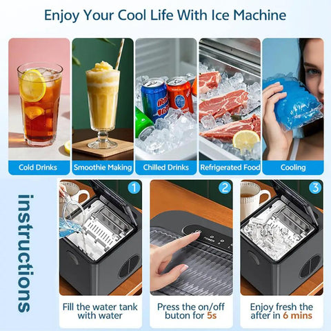Instructions for Quick Bullet Ice Maker For Countertop No Fuss Cleanup Makes Fresh Cubes In Six Minutes with drinks and ice.