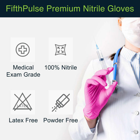 Hot Pink Nitrile Disposable Gloves 3 Mil Medium Size Pack Of 50 held by medical professional next to icons highlighting features