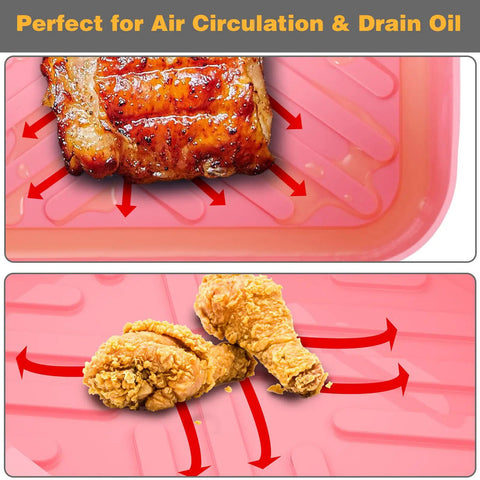 2 Pack 10 Qt Silicone Air Fryer Liners For Ninja DZ401 DZ550 Dual Zone Reusable Rectangular Pot Inserts in pink with food