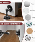 No Drill Magnetic Door Stopper 2 Pack Black Easy Install Door Catch Holder Keeps Doors Open With Strong Stainless Steel Magnet Wall And Floor Mounted. Image shows door stoppers for various surfaces including wood and metal.