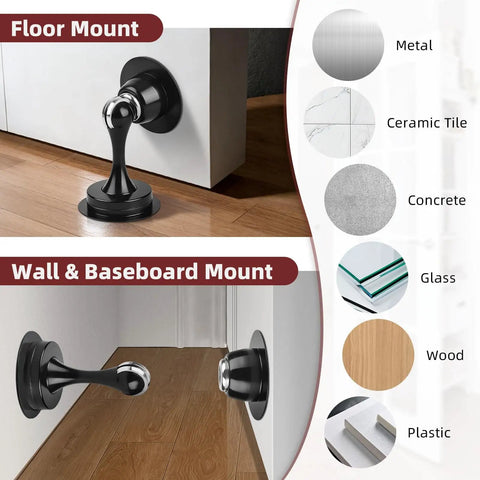 No Drill Magnetic Door Stopper 2 Pack Black Easy Install Door Catch Holder Keeps Doors Open With Strong Stainless Steel Magnet Wall And Floor Mounted. Image shows door stoppers for various surfaces including wood and metal.
