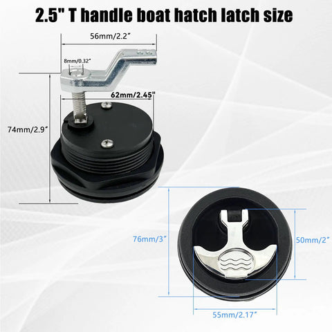 2.5" T handle beefed up durable boat hatch latch with keys flush mount cam latch replacement dimensions and view