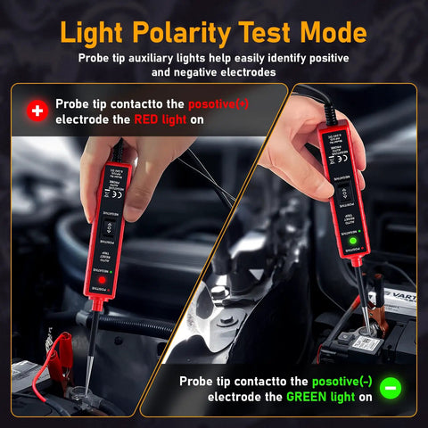 Durable 6 To 24V DC Automotive Circuit Tester Light With 13 Feet Leads For Cars Trucks And SUVs 12 Volt Check Light For Continuity And Polarity Testing Breaker Finder For Electrical Diagnosis in use showing polarity indication with LEDs