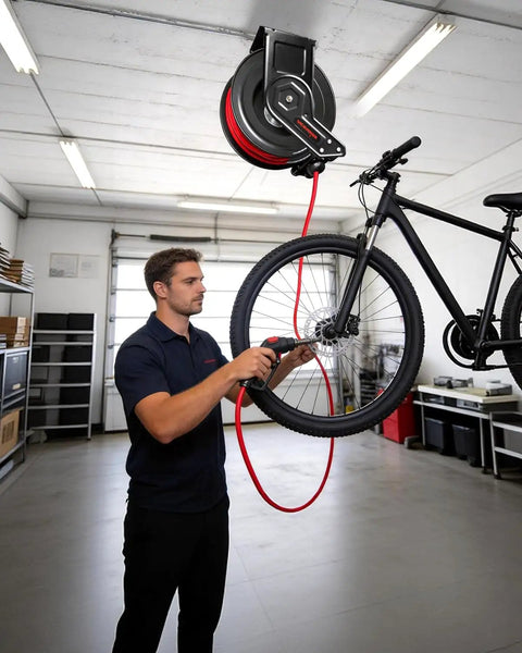 Hardcore Workhorse Retractable Air Hose Reel Runs 50 Ft Of Hybrid Polymer Tubing With Slick Auto Rewind Tech And Heavy Duty Steel Arm Wall Mounted Tight For Quick Shop Jobs That Never Snag, being used to inflate a bicycle tire.