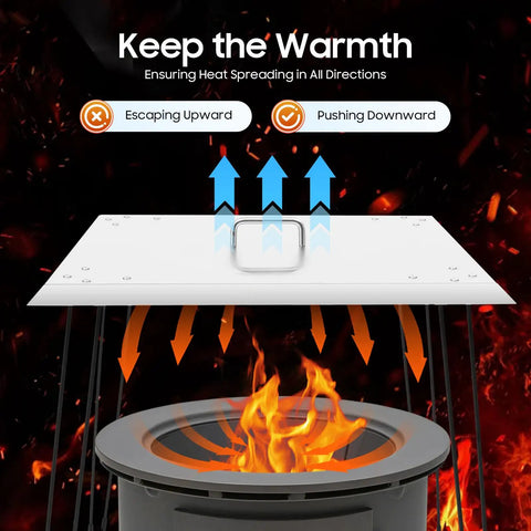 Diagram showing stainless steel fire pit heat deflector with direction of heat flow, labeled for outdoor use.