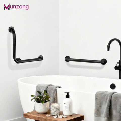 Heavy Duty Black Stainless Steel Shower Grab Bars 2 Pack With L Shaped And Straight Hands mounted near bathtub.