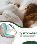 Elongated Resin Toilet Seat with Cover shown with soft-close feature, detailing ocean design, preventing noise and damage.