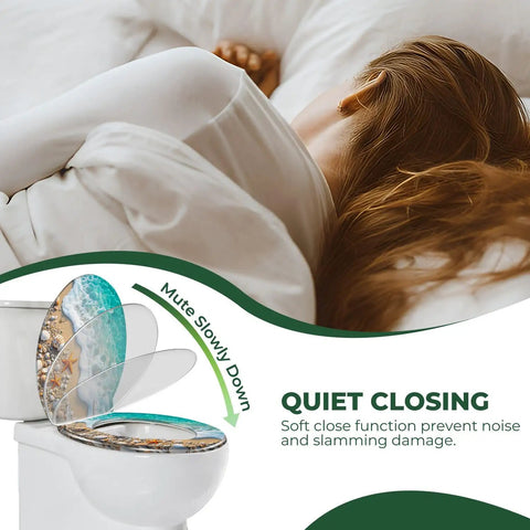 Elongated Resin Toilet Seat with Cover shown with soft-close feature, detailing ocean design, preventing noise and damage.