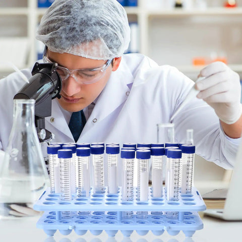 Lab technician using microscope with Six Pack Plastic Test Tube Holder Rack With Silicone Pad For 5 10 15 Milliliter Tubes 18 mm Hole Diameter 50 Holes Detachable Blue Lab Storage Organizer For Your Bench in foreground