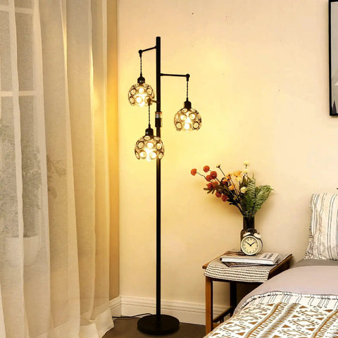 Dimmable Crystal Floor Lamp With Industrial Farmhouse Style, 3 Light Black Standing Lamp For Living Room And Bedroom
