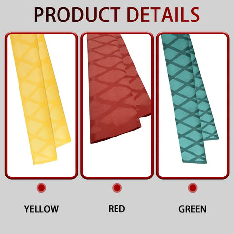 Product showing Heavy Duty Heat Shrink Wax Rod Wrap For Fishing Handles And Gear in yellow, red, and green colors.