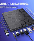 Ultra Slim External CD DVD Drive For Laptop And Desktop, black USB 3.0 optical drive with hub, card reader, and cable