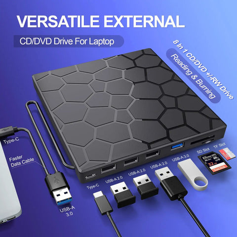 Ultra Slim External CD DVD Drive For Laptop And Desktop, black USB 3.0 optical drive with hub, card reader, and cable