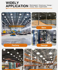 UFO LED High Bay Light 10 Pack 150W 5000K Daylight 22500LM Crazy Bright Waterproof IP65 Shop Lights in various settings.