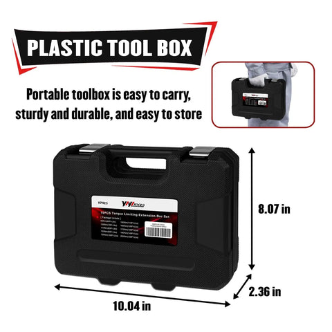 Ten Piece One Half Inch Drive Torque Limiting Extension Bar Set Eight Inch Length 65 To 150 Ft Lbs Range Impact Wrench Compatible Color Coded Lug Nut And Tire Repair Extensions With Storage Case Ideal For Auto DIY And Industrial plastic tool box storage case, 10.04 x 8.07 x 2.36 in