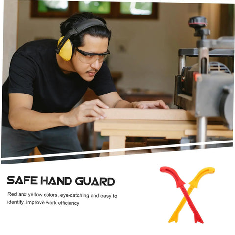 Man using table saw with Versatile 2 Pack Woodworking Push Sticks And Safety Push Blocks In Red And Yellow Gripper Style.
