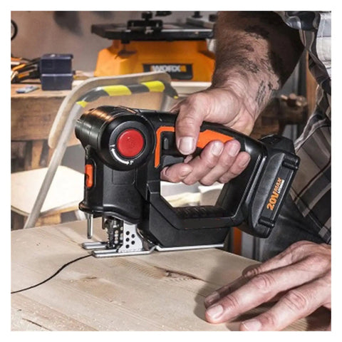20V Cordless 2 In 1 Reciprocating Saw And Jigsaw With Tool Free Blade Swap in use on wood for precise cutting.