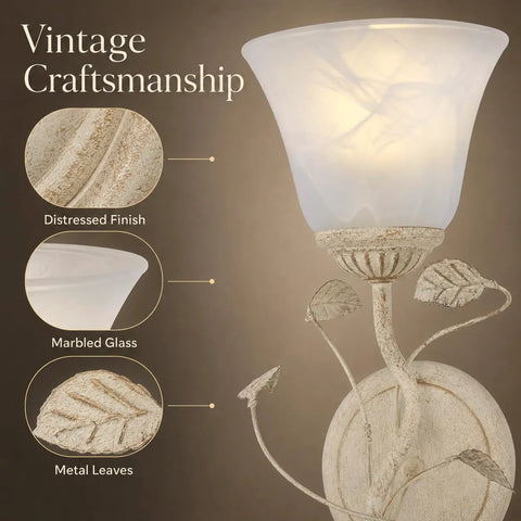 Detail view of Folux Battery-Operated Vintage White Flower Wall Sconce Set of 2, showcasing distressed finish and marbled glass.