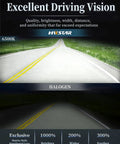 Comparison of visibility using 180W Beast Bright LED headlights vs halogen on a road, showing improved brightness and width.