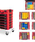 Six Drawer Rolling Tool Storage Cart With Shallow Toolbox And Organizer Bins for garage or shop, red and black design