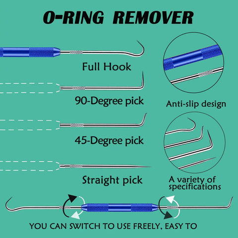 O-ring remover tools with full hook, 90-degree pick, 45-degree pick, straight pick, anti-slip design and switchable tips.