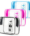 Clear Travel Toiletry Bag Set TSA Approved 3 Piece Quart Size Carry On Bags for Women and Men in black, pink, and blue colors