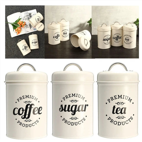Heavy Duty Metal Coffee Canister Set Of Three Wide Mouth Kitchen Storage Jars For Beans Tea Sugar And Nuts on countertops.