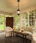Outdoor Pendant Lights With Farmhouse Style Black Metal Hanging Porch Fixture And Clear Bubbled Glass Globe Inside An Iron Cage Frame
