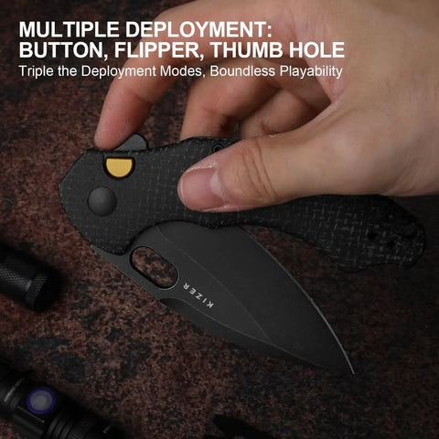 Hand holding Roach XL Pocket Knife 3 Point 5 Inch 14C28N Drop Point Blade with multiple deployment options in view