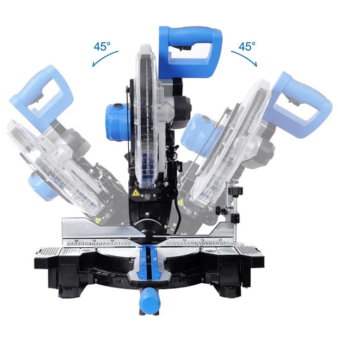 Heavy Duty Pro Grade Sliding Compound Miter Saw With Dead On Laser Guide 12 Inch showing 45-degree bevel adjustment and dual slide rails.