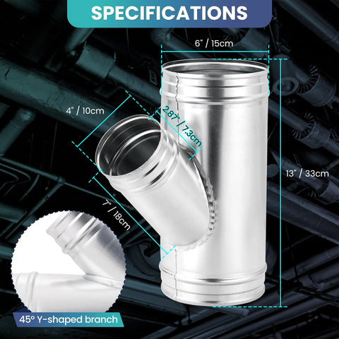 Hecka Solid Hvac Duct Splitter 6 By 6 By 4 Inch Galvanized Steel 3 Way Y Shaped Connector showing dimensions and design for airflow.