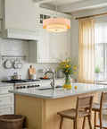 White Semi Flush Mount Ceiling Light Fixture With 12 Inch Drum Chandelier above kitchen island, LED Compatible.